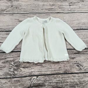 Janie and Jack White Knit Cardigan With Pom Poms along Bottom, Size 6-12 Months